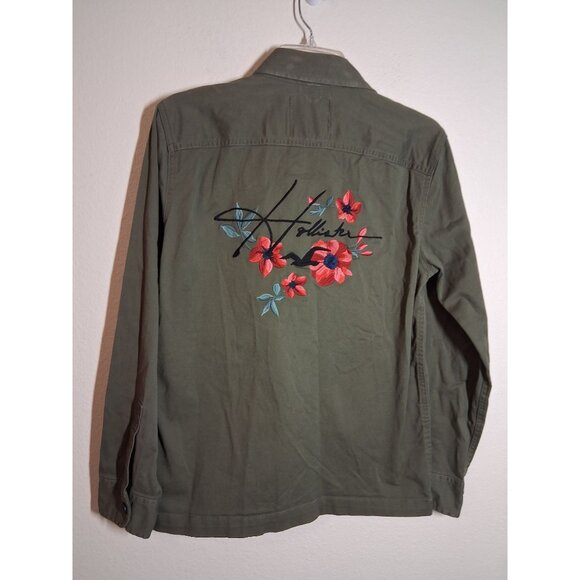 Hollister Embroidered Denim Jean Jacket Boho Floral Retro Y2K Grunge Green Sz XS - Picture 1 of 5